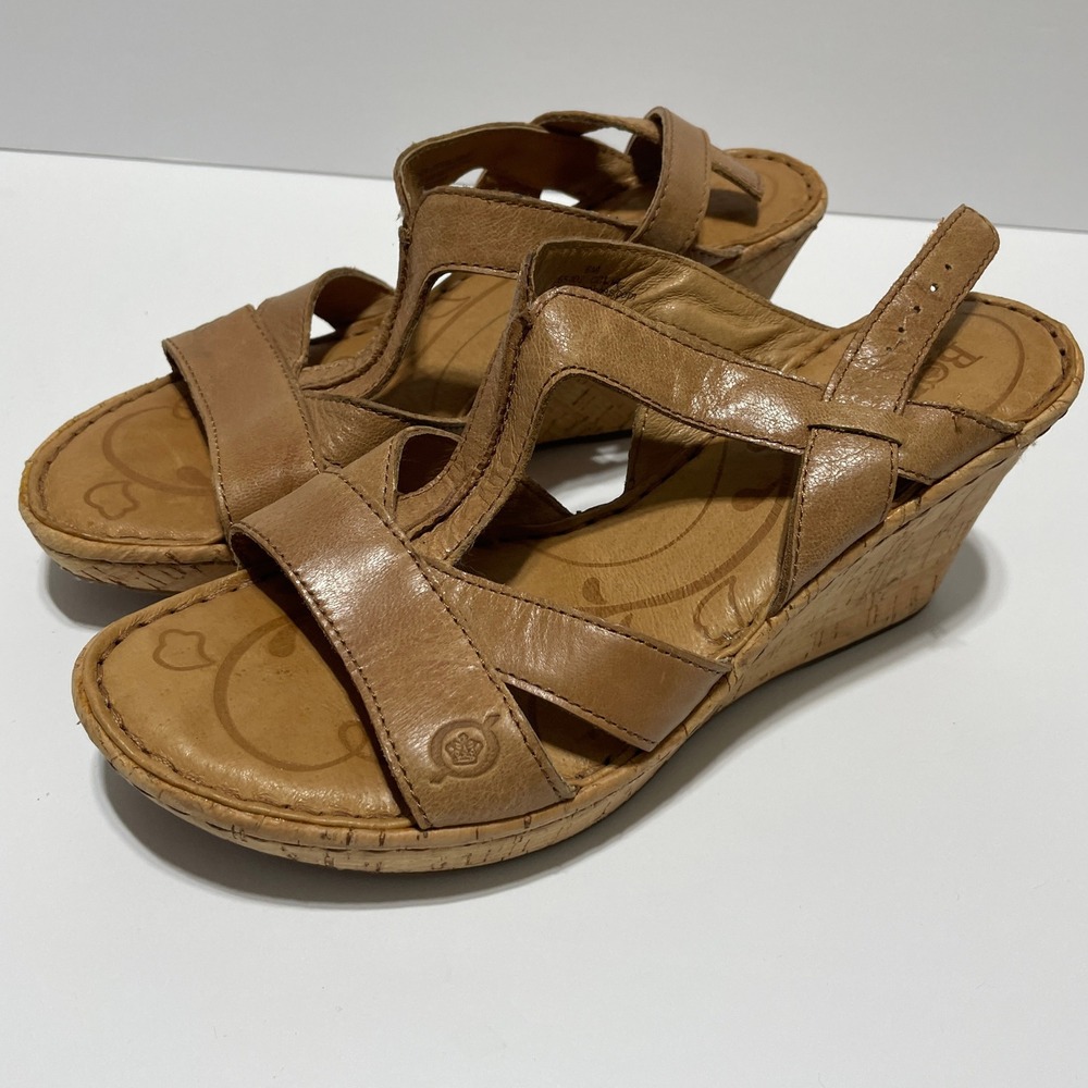 Born Tan Leather Cork Wedge Sandals Strappy Ankle Strap Womens 8M D65402 CCL14